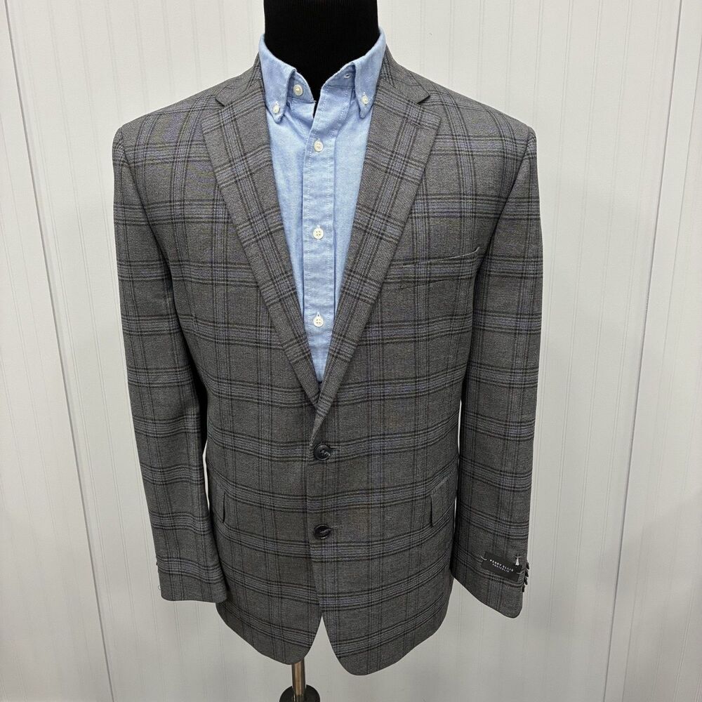 Perry Ellis Portfolio 46R Modern Fit Gray Check 2-Button Dual-Vent Sports Coat
